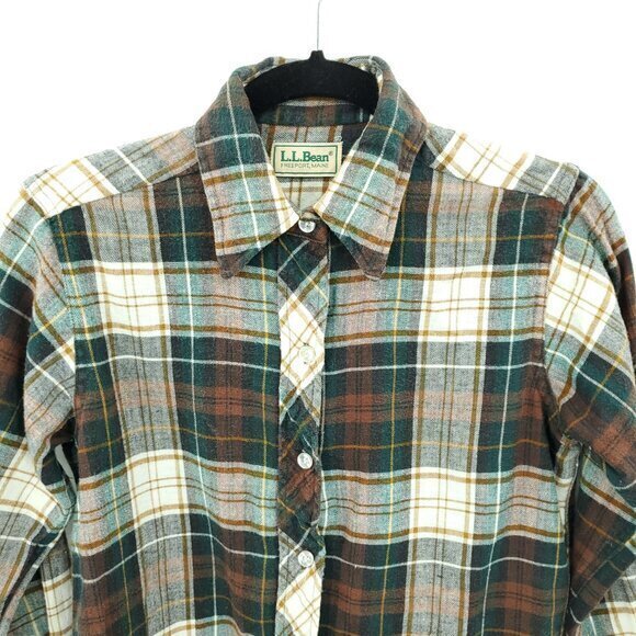 VTG L.L. Bean 100% Cotton Plaid Flannel Button Shirt S/M Cream/Green/Brown - Picture 3 of 16